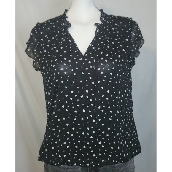Tamara H Blouse Women Size Medium I/9 Black Heart Ruffle Cap Sleeve Boho Top NWT - Picture 1 of 6